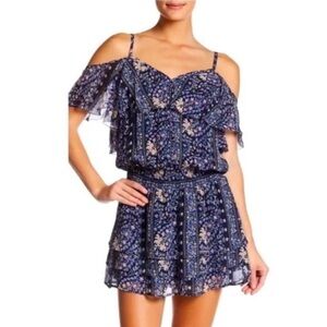 PAIGE Flowy Silk Floral Dress | Off-Shoulder Ruffle Sleeve | Boho | Size S